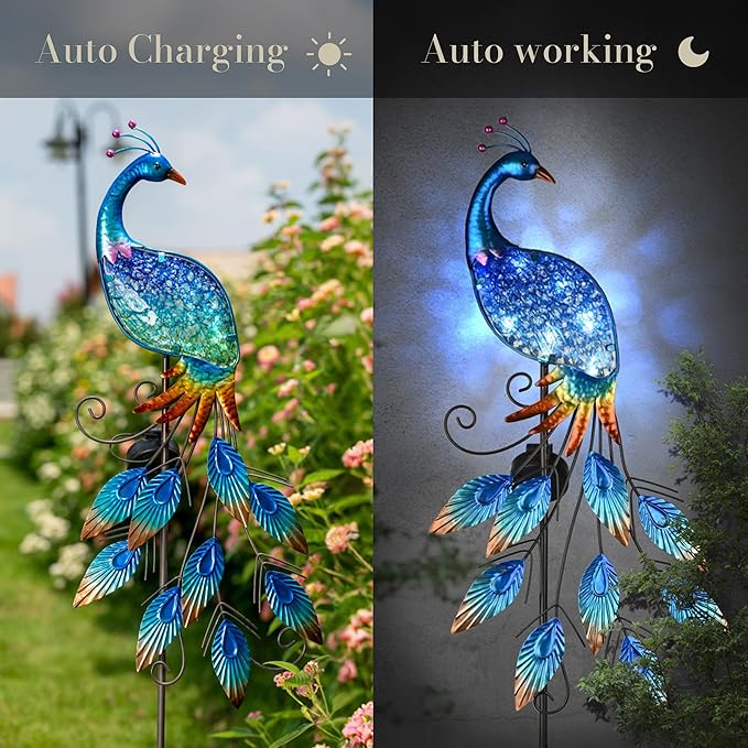 TERESA'S Collections Garden Decor Blue Peacock with Solar Outdoor Lights, 40" Glass Yard Art for Outside, Decorative Metal Stake Outdoor Decor for Lawn Decorations, Patio, Gifts for Mom-Ruum Studio Home