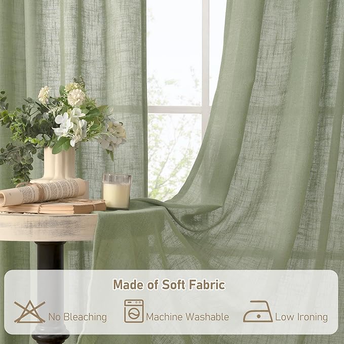 LAMIT Sage Green Linen Sheer Curtains 80 inch for Living Room, Soft Thick Bronze Grommet Light Filtering Boho Window Textured Neutral Drapes for Bedroom Farmhouse, 2 Panels Set, 52 x 80 Inch-Ruum Studio Home