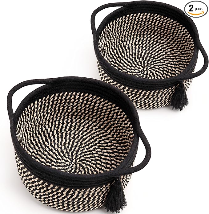 Empty Gift Basket - SweetMemo Mini Woven Rope Organizer Baskets for Baby Shower, Vanity, Makeup Brushes, Bathroom, Shelves, Desk - Small Decorative Storage Bins - Set of 2, Pre-Shaped, Black Brown-Ruum Studio Home