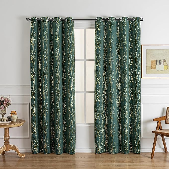 Grommets Blackout Long Window Curtains Green Gold-52W*84L 2PCS Drapes for Bedroom-Ruum Studio Home
