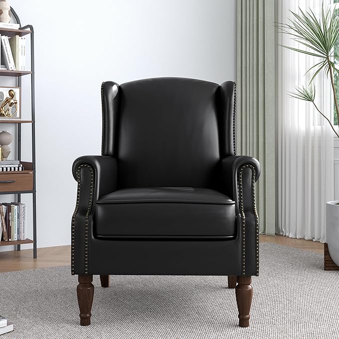 Accent Chair, Faux Leather High Back Armchair or Living Room, Comfy Upholstered Single Sofa Reading Chair with Solid Wood Legs for Office, Bedroom, Waiting Room-Black-Ruum Studio Home