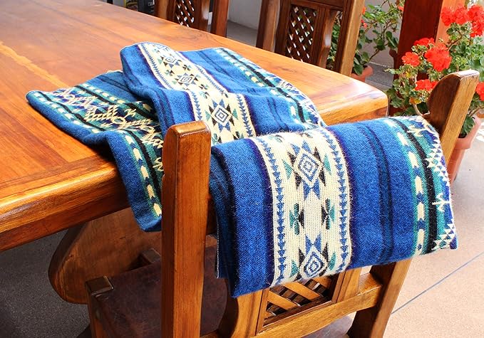 Inca Aztec Throw, Queen, King Blanket | Southwest Indian Navajo Boho Style | Native Cover for Camping, Bedding, Couch, Vanlife | Faux Alpaca, Lightweight, Hypoallergenic (Kocha Blue, Throw)-Ruum Studio Home