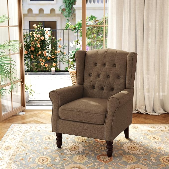 Accent Chair, Upholstered Armchair with Button Tufted High Back & Solid Wood Legs, Comfy Wingback Reading Single Sofa Chair for Small Spaces, Living Room, Bedroom (Brown, Set of 1)-Ruum Studio Home