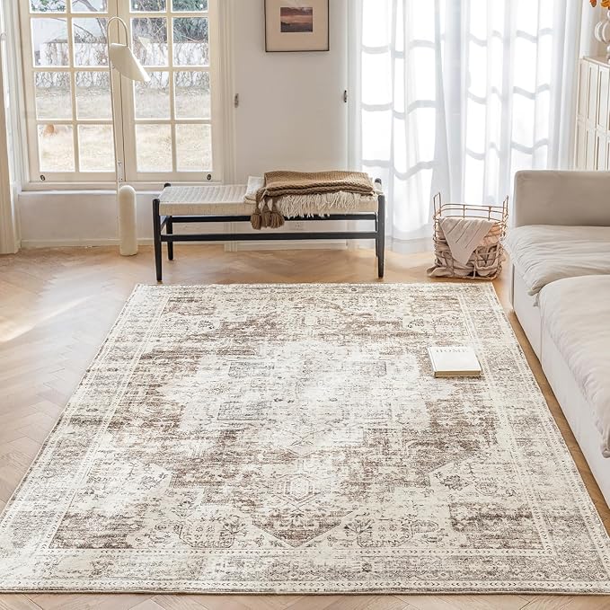 5'x7' Area Rug - Vintage Persian Medallion Design Low-Pile Faux Wool Rug, Non-Slip Backing, Machine Washable, for Living Room, Dining Room, Bedroom (Cream/Taupe)-Ruum Studio Home
