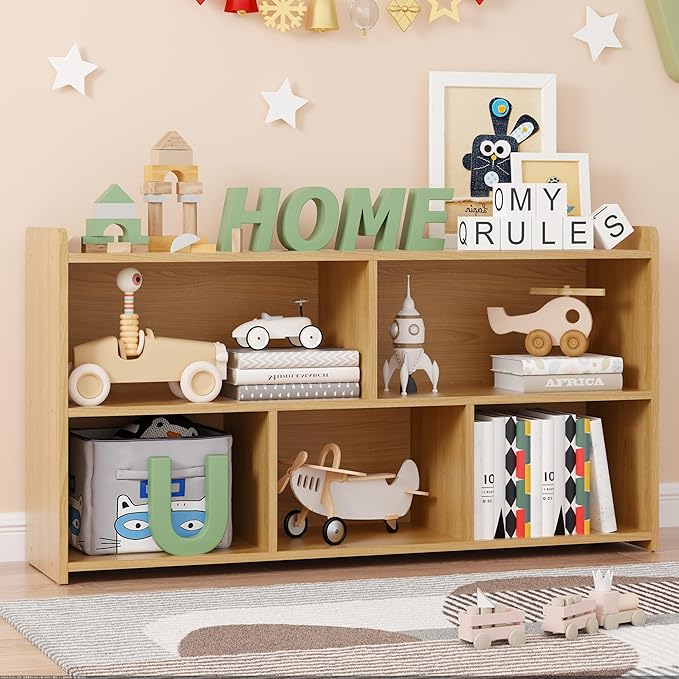 Book Shelf Set of 2, 5 Cubes Storage Organizer, Open Shelf Wooden Bookcase, Freestanding Log Bookshelf Cube Shelf for Bedroom, Living Room, Home Office-Ruum Studio Home