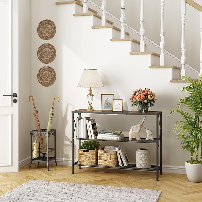 Hoctieon Industrial Console Table, 3 Tier Entryway Table, Hallway Table, Narrow Sofa Table with Shelves, Entrance Table for Entryway, Rustic Brown&Black-Ruum Studio Home