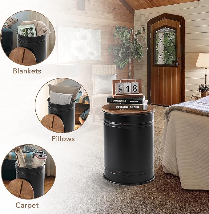 Rustic Storage Ottoman Seat Stool, Farmhouse Accent Side Table, Antique Galvanized Metal End Table Box Bin with Round Wooden Lid Set of 2 (Black)-Ruum Studio Home