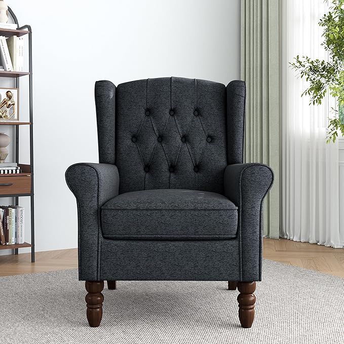 Lumibee High Back Accent Chair,Upholstered Wingback Armchair with Solid Wood Legs for Small Spaces,Comfy Single Sofa Chair for Living Room,Bedroom,Office-Black Blue-Ruum Studio Home