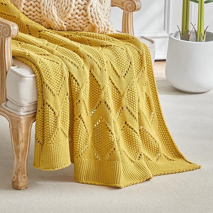 Longhui bedding Chunky Cotton Knit Throw Blanket for Couch, Sofa, Bed, or Chair, Decorative Breathable Fall Cable Knit Blanket 51 x 63 Inches, Medium Weight Mustard Yellow-Ruum Studio Home