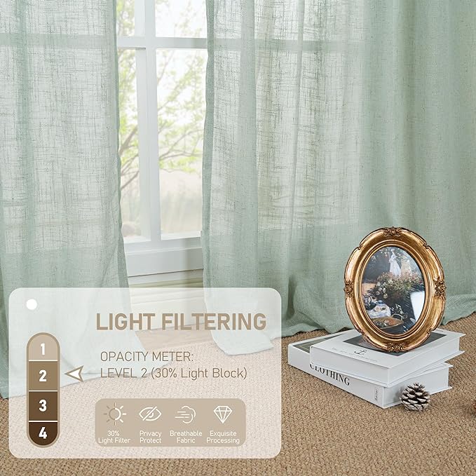 LAMIT Light Sage Linen Curtains 45 Inches Long for Bedroom, Semi Sheer Light Filtering Panels Bronze Grommet Neutral Drapes for Kitchen/Window/Bedroom, 2 Panels Set, 52 x 45 Inch-Ruum Studio Home
