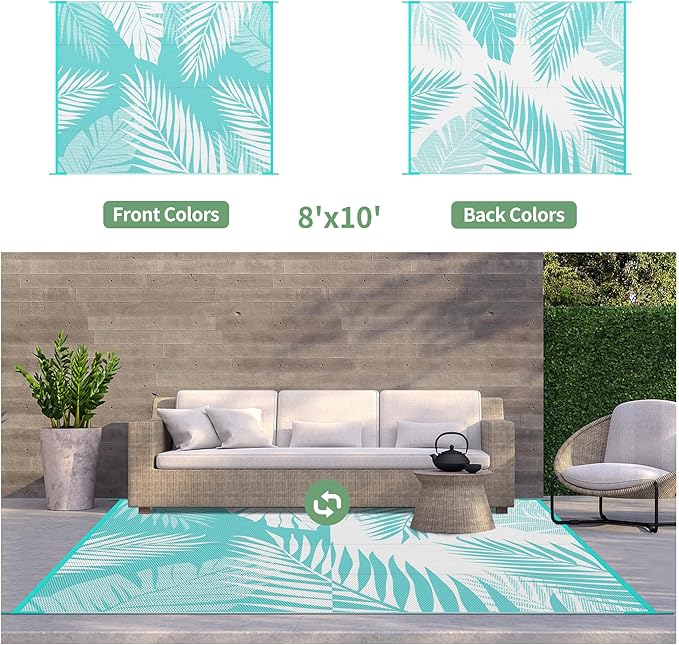 GENIMO Outdoor Rug 8' x 10' Waterproof for Patios Clearance, Reversible Outdoor Plastic Straw Camping Rug Carpet, Large Area Rugs Mats for RV, Camper, Deck, Balcony, Porch, Beach, Aqua Blue&White-Ruum Studio Home
