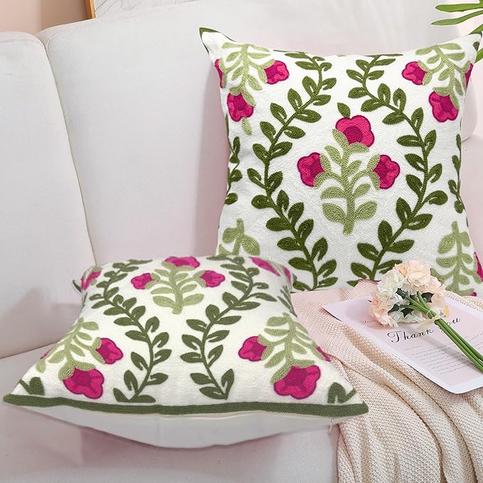 Alysheer Floral Embroidered Summer Decorative Throw Pillow Covers 20"x 20" Set of 2, Farmhouse Cottage Hot Pink Flowers Green Leaves Knit Pattern Cotton Canvas Cushion Case for Couch Bed Living Room-Ruum Studio Home