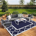 GENIMO 10 ' x 10 ' Outdoor Rug Waterproof for Patio Decor, Foldable Reversible Plastic Straw Area Rugs Mat for Camper, Outside Carpet for Rv, Deck, Porch, Picnic, Beach, Balcony, Blue & White-Ruum Studio Home