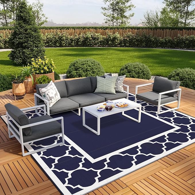 GENIMO 10 ' x 10 ' Outdoor Rug Waterproof for Patio Decor, Foldable Reversible Plastic Straw Area Rugs Mat for Camper, Outside Carpet for Rv, Deck, Porch, Picnic, Beach, Balcony, Blue & White-Ruum Studio Home