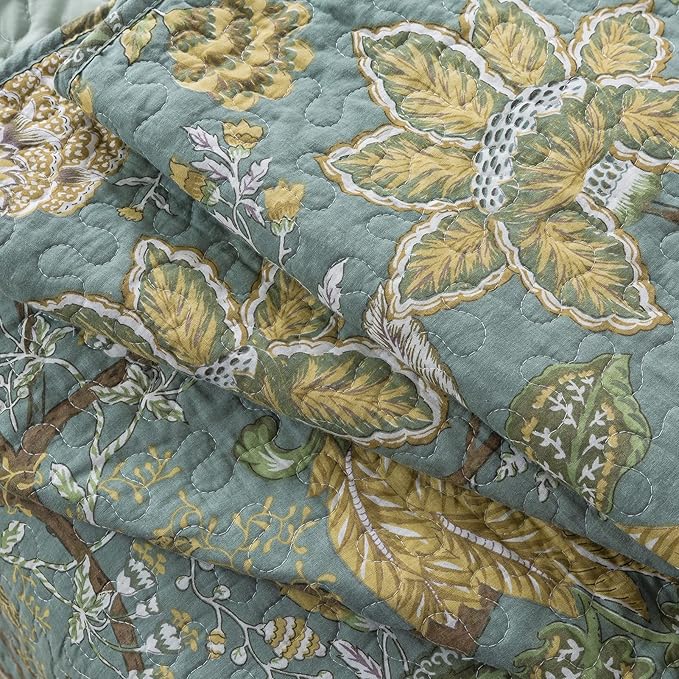 NEWLAKE Cotton Bedspread Quilt Sets-Reversible Patchwork Coverlet Set, Green Floral Pattern, Queen Size-Ruum Studio Home