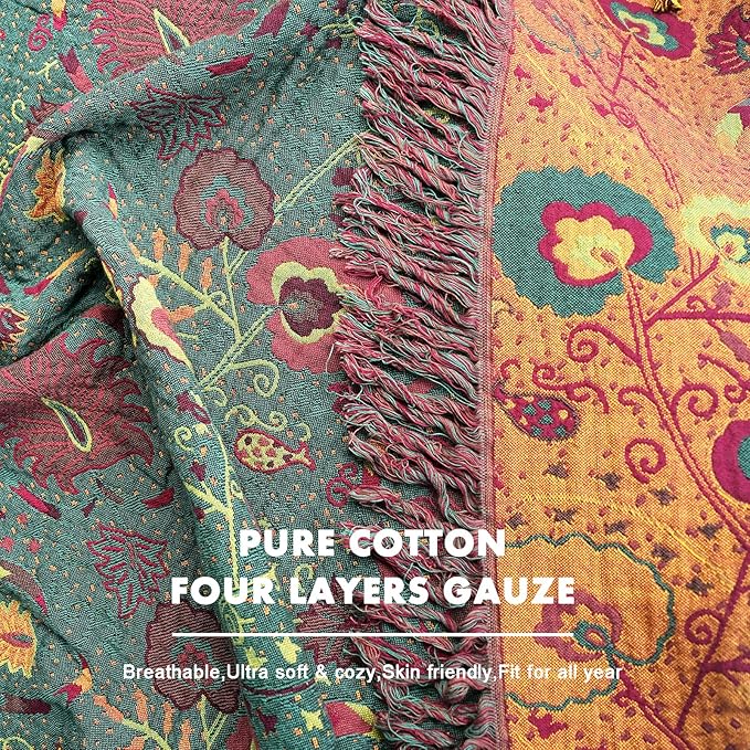 MSGKV Boho Throw Blanket for Couch and Sofa Cotton Blankets for Living Room Bedroom Reversable Florals Throw 60"x80" Breathable Cozy Blankets-Ruum Studio Home