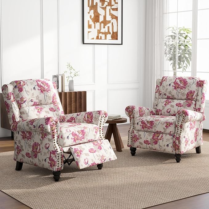 UIXE Pushback Recliner Chairs Set of 2, Fabric Armchair Push Back Accent Chair, Rivet Trim Club Chair Home Theater Overstuffed Single Sofa Reading Seat for Living Room, Pattern-Ruum Studio Home