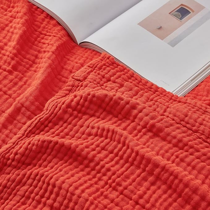 EMME Cotton Blanket Queen Size for Bed Soft Large Muslin Bed Blankets 90"x90" Lightweight Breathable All Season Gauze Blanket, Orange Rust-Ruum Studio Home