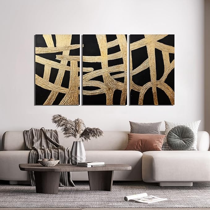 Canvas Wall Art Decor Large Wall Art Pictures for Living Room Black And Gold Wall Art Decor Artwork for Walls Abstract Textured Wall Art Prints Art Work For Room Office Home Wall Decor 24" X 36" *3pcs-Ruum Studio Home