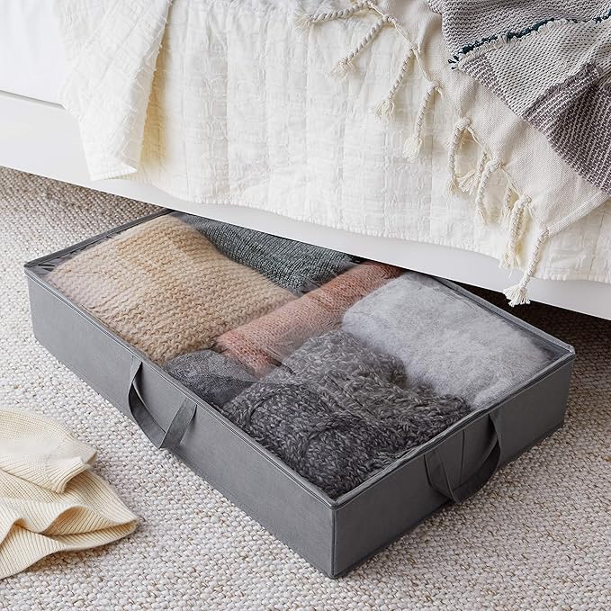 Amazon Basics Under Bed Fabric Zipper Blanket Storage Container Bags with Window and Handles, 2-Pack, 18 x 42 x 6 inches, Gray-Ruum Studio Home