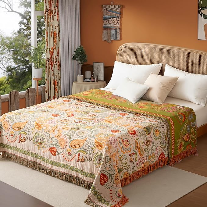 Boho Throw Blanket Full Size, Extra Large Soft Cozy Cotton Muslin Quilt Blanket for Bed Decor, Floral Patterned Couch Sofa Chair Cover, Vintage Farmhouse Cottage Woven Blanket, Coral&Green-Ruum Studio Home