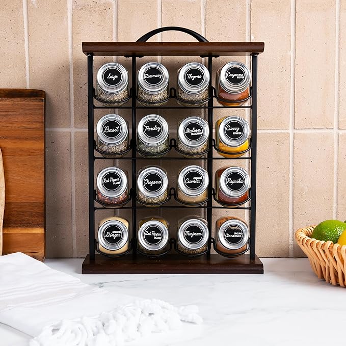 Orii 16 Jar Acacia Wood & Metal Wire Spice Rack with Spices Included, Storage for Spices and Seasoning, Black & Brown-Ruum Studio Home