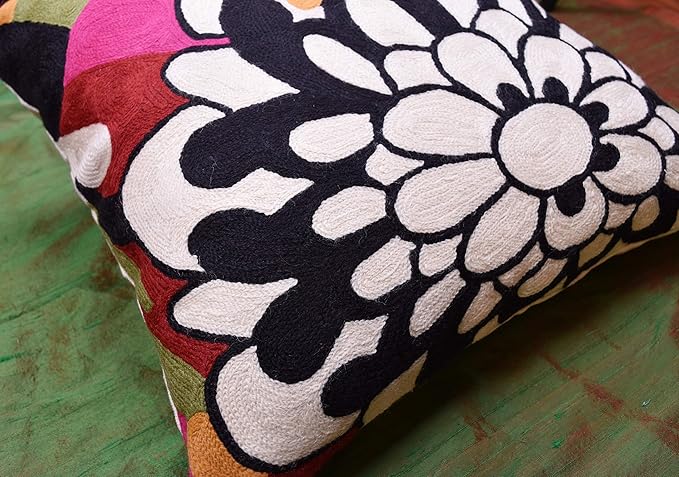 Black Daisy Floral Pillow Cover Flower Pillowcase Outdoor Suzani Accent Cushion Traditional Chair Cushions Hand Embroidered Wool Size - 18x18-Ruum Studio Home