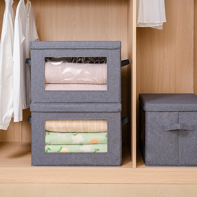 Citylife 3-Pack Collapsible Storage Bins with Lids, Linen Fabric Foldable Storage Boxes, Cube Closet Organization for Clothes, Blankets and Books, Gray-Ruum Studio Home