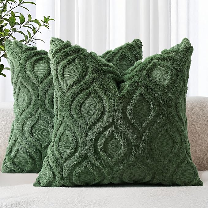 decorUhome Throw Pillow Covers 18x18 Inch Set of 2, Soft Plush Decorative Faux Fur Forest Elf Solid Couch Pillow Covers, Accent Farmhouse Neutral Square Euro Pillow Cases for Sofa Bed Living Room-Ruum Studio Home