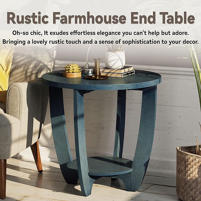 Rustic Farmhouse End Table with Storage Shelf, French Country Accent Side for Family, Dinning or Living Room, Small Spaces, Modern, Round, Vintage Blue Finish, Curved Leg-Ruum Studio Home