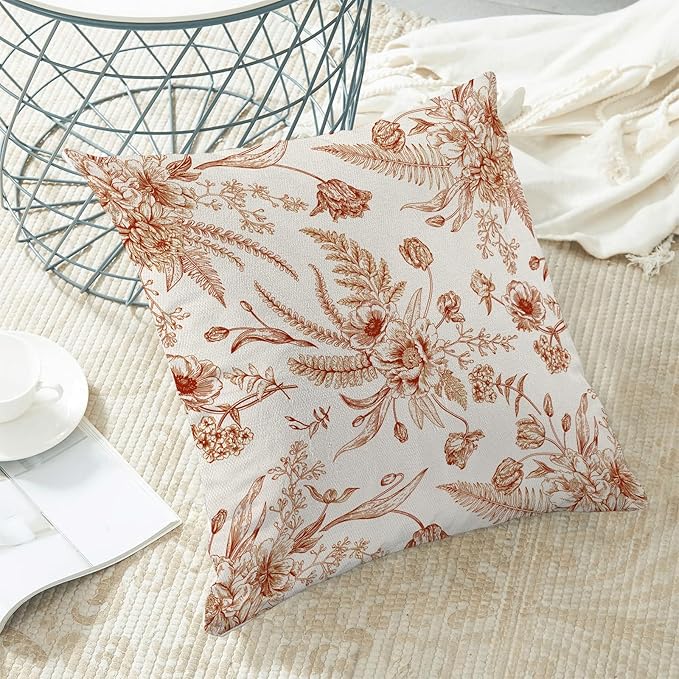 CXMEIFLY Burnt Orange Spring Pillow Covers 18 x 18 Inch Set of 2 for Chinoiserie Flowers Decor Throw Pillows Floral Leaves Seasonal Plant Outdoor Decorative Cushion Cases for Couch Bed Decorations-Ruum Studio Home