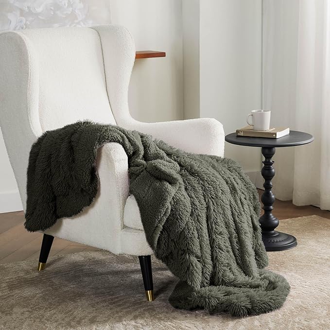 Bedsure GentleSoft Fuzzy Sherpa Faux Fur Twin Blanket Olive Green Cozy Gifts for Women Men, Soft Fleece Plush Warm Minky Thick Blanket Twin Size for Bed, Room Dorm Essentials Olive Decor Gifts, 60x80-Ruum Studio Home