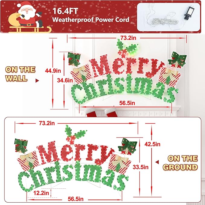 6FT Merry Christmas Sign for Decoration, 2-in-1 Pre-Lit Holiday Greeting Sign Decor with 456 LED Lights, Freestanding or Hanging Glittered Holiday Display for Outdoor, Indoor-Ruum Studio Home
