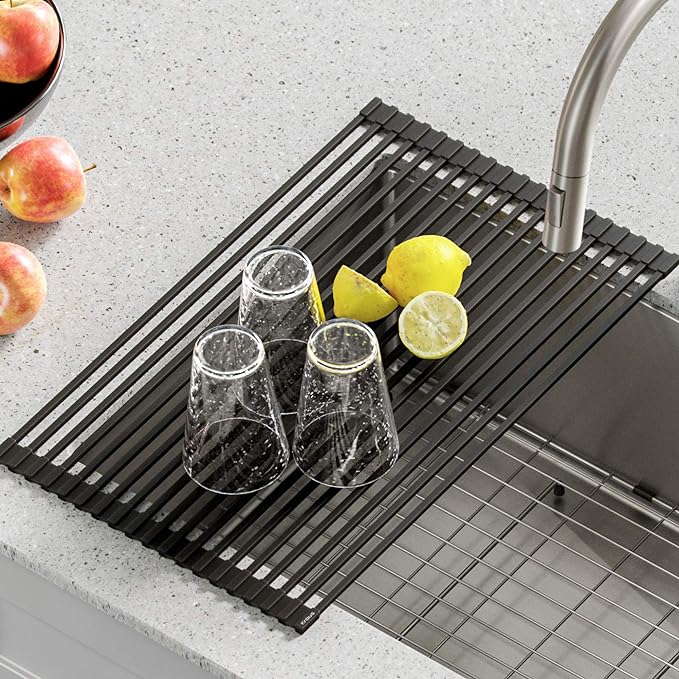 Kraus Multipurpose Over-Sink Roll-Up Dish Drying Rack, Colander and Trivet in Light Grey, KRM-10GREY-Ruum Studio Home