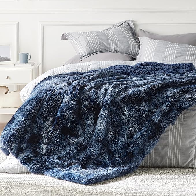 Bedsure GentleSoft Fluffy Tie Dye Navy Blue Blankets Queen Size for Bed, Thick Sherpa Faux Fur Fleece Fuzzy Plush Winter Warm Soft Queen Blankets, Bedroom Decor Blue Cozy Gifts for Women Men, 90x90-Ruum Studio Home