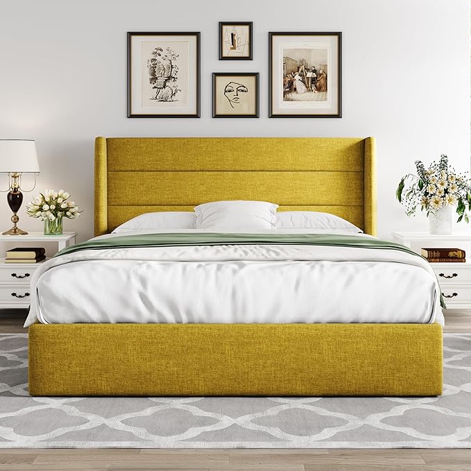 Allewie Full Size Lift Up Storage Bed, Modern Wingback Headboard, Hydraulic Support, No Box Spring Needed, Olive Yellow-Ruum Studio Home