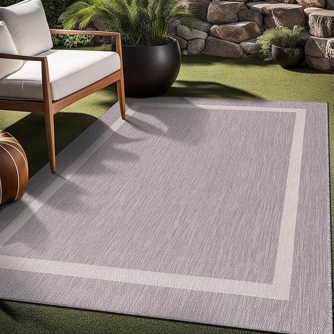 Bordered Outdoor Rug 8x10 Washable Outside Carpet for Indoor Patio Porch Waterproof Easy Cleaning Non Shedding Area Rugs Gray 8 x 10-Ruum Studio Home