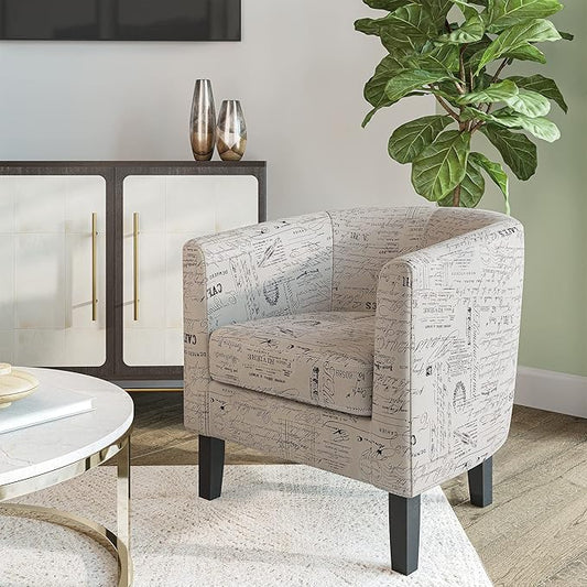 BELLEZE Accent Barrel Chair, Linen Round Chair Club Tub Sofa Corner Chair with Flared Legs and Cozy Soft Padding for Living Room Bedroom Waiting Room - Black & Beige-Ruum Studio Home