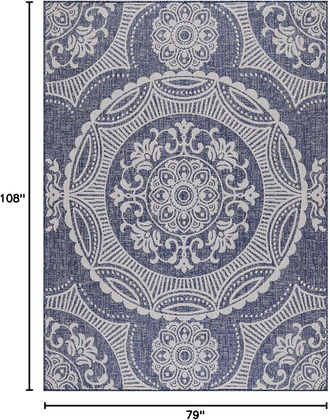 Medallion Outdoor Rug 6x9 Washable Outside Carpet for Indoor Patio Porch Waterproof Easy Cleaning Non Shedding Area Rugs Blue 6 x 9-Ruum Studio Home