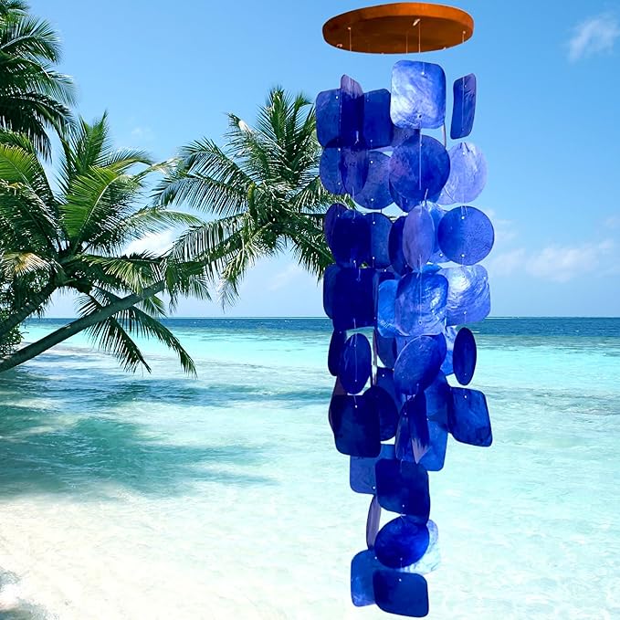 Bellaa 27918 Wind Chimes Outdoor, Garden Decorations, Musical, Indoor/Outside Windchimes, Beach, Ocean Breeze, Gifts for Mom, Gift for All Occasions, Capiz Sea Glass Shells Wood Blue 27 inch-Ruum Studio Home
