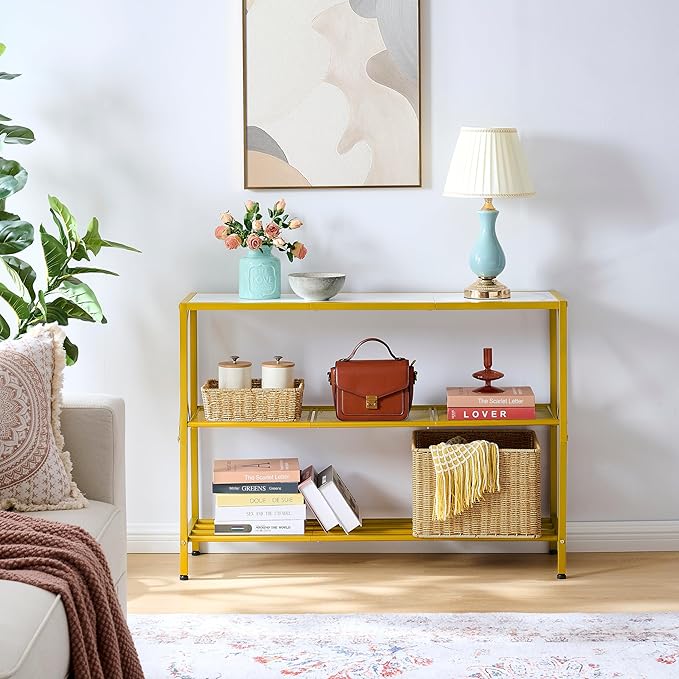 Hoctieon Gold Console Table, 3 Tier Entryway Table, Hallway Table, Narrow Sofa Table with Shelves, Entrance Table for Entryway, Gold and White-Ruum Studio Home