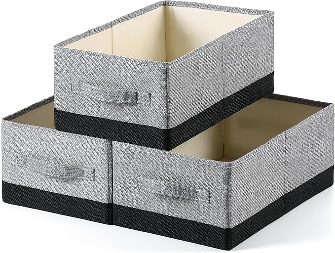 linen closet organizers and storage, 3 Pack Large Storage Baskets, Washable, Clothing Storage Bins with Handle, Closet Organizer for Storage Sweater,Sheets (gray black, 16"x9½"x6¾")-Ruum Studio Home