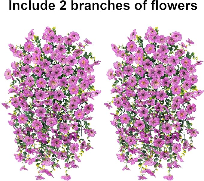 Artificial Faux Hanging Flowers Plants for Outdoor Decor, 2 PCS Outside Fake Silk Violets with Eucalyptus UV Resistant Realistic Daisy Trailing Vines for Planter Front Door Balcony Patio Yard, Purple-Ruum Studio Home