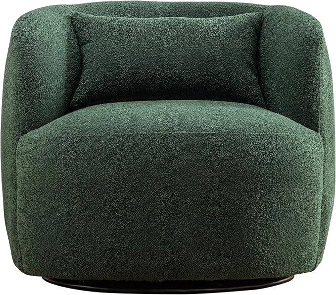 KINWELL 34" Wide Boucle Swivel Barrel Chair, No Assembly Round Upholstered Armchair Accent Chair Single Sofa Chair with Toss Pillow for Living Room and Bedroom, Green-Ruum Studio Home