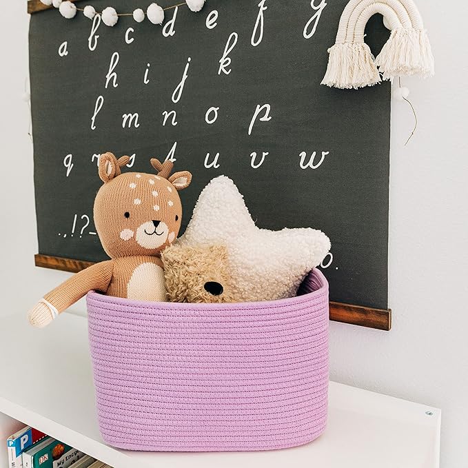 OrganiHaus Woven Storage Baskets for Organizing, Cotton Rope Organizer Bins for Shelves, Closet & Nursery, Dog Toy Basket, Decorative Bins for Toys, Towels & Books - 15x10x9, Purple-Ruum Studio Home