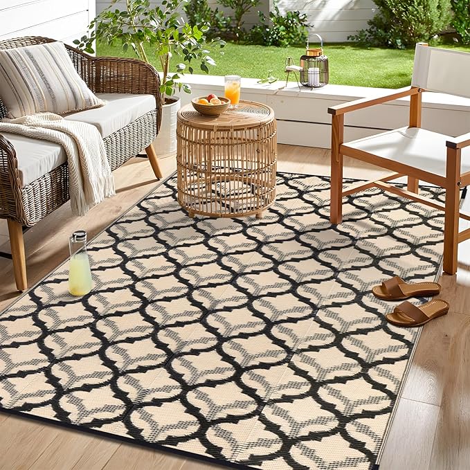 OLANLY Reversible Outdoor Rug 9x12 ft Clearance, Waterproof Outdoor Plastic Straw Rug with Interlacing Pattern, RV Mat for Patio, Camping, Balcony, Deck, Backyard, Black & Beige-Ruum Studio Home