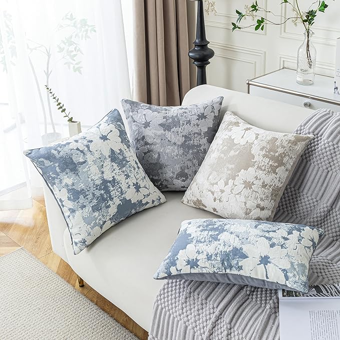 Jacquard Throw Pillow Covers 18x18 Inch Set of 2 - Vintage Floral Boho Pillow Cases with Botanical Pattern | Farmhouse Decor for Couch Living Room | Soft Textured Neutral Trio Dusty Blue 18" x 18"-Ruum Studio Home