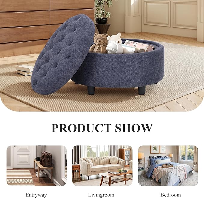COLAMY Fabric Round Storage Ottoman with Reversible Tray Lid – Multi-Functional Footrest, Hidden Storage, Sturdy & Stylish Small Coffee Table for Living Room, Bedroom, or Entryway(Blue)-Ruum Studio Home