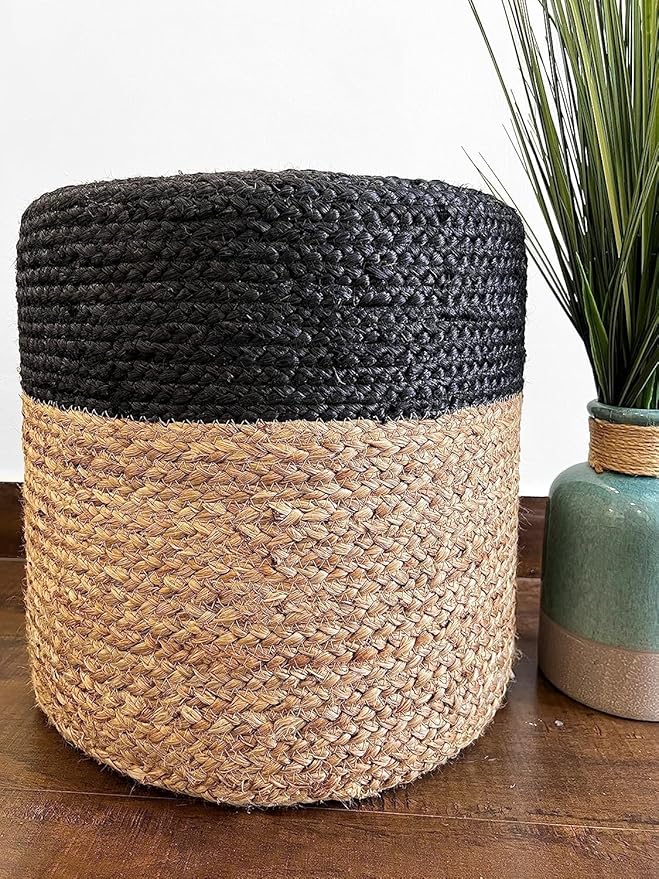Jute Pouf Ottoman | Footrest Pouf | Hand Braided - Round Boho Pouffe - for Living Room, Bedroom, Nursery (16"x16"x16") Black-Ruum Studio Home