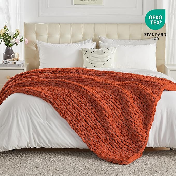Carriediosa Chunky Knit Throw Blanket 50" X 60", 100% Hand Made Large Chenille Loop Yarn Soft Fluffy Throws for Couch Sofa Bed, Big Crochet Cozy Heavy Thick Cable Woven Blankets, Rust-Ruum Studio Home